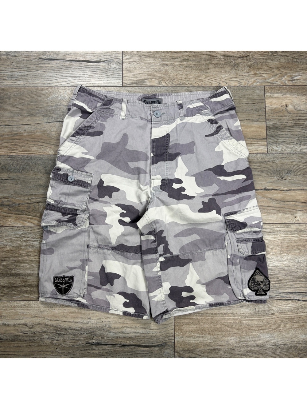 Y2K Dragonfly gray camo cargo shorts with patches